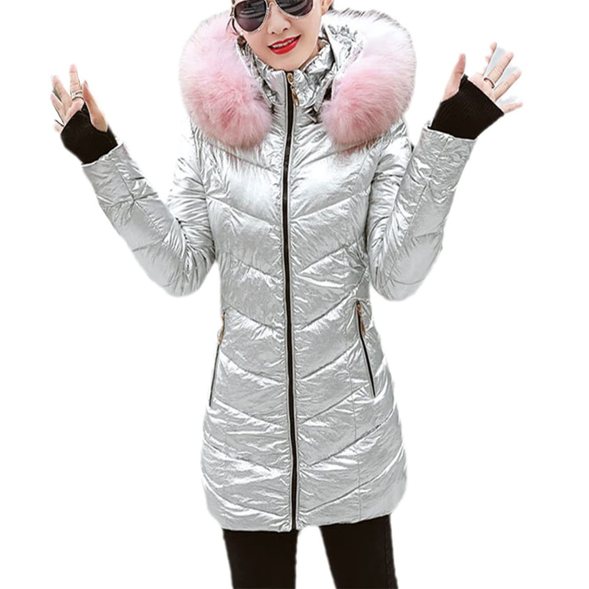 Roquorl Giacca invernale da donna Cappotto lungo caldo Giacca da donna stile argento Collo ampio in pelliccia Parka da donna
