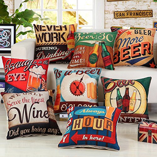 Shindel Throw Pillow Case Beer Series Cotton Linen Decorative Cushion Cover Square ,6 PCS