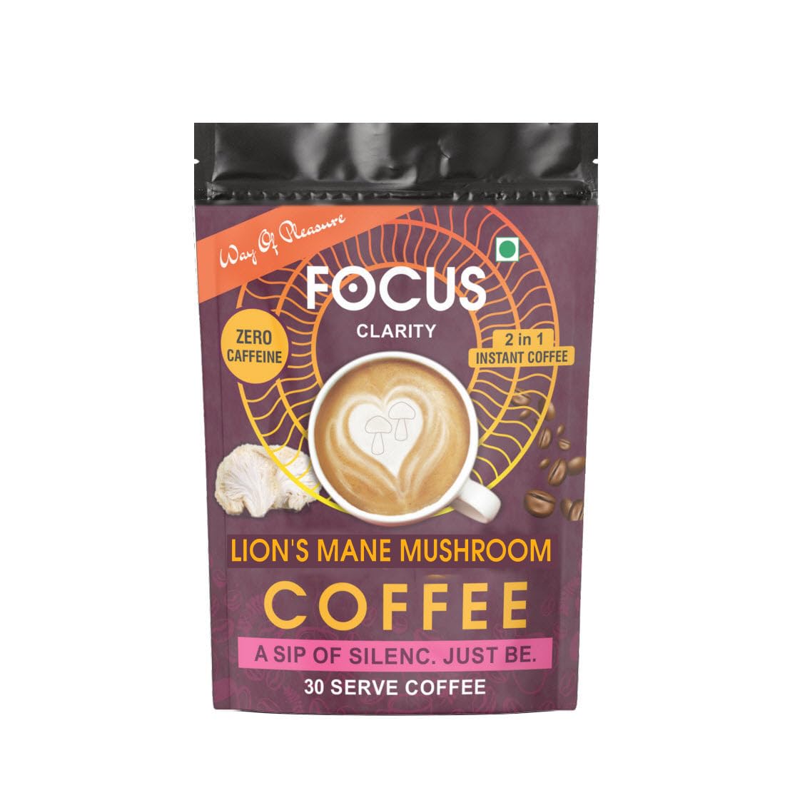 Way Of Pleasure Lion's Mane Mushroom 2-In-1 Instant Coffee Made With Lion's Mane Extract Caffeine Free 45g Better Brain Functioning, Improve Gut Health, Help to keep you Calm, increase Focus And Good Sleep