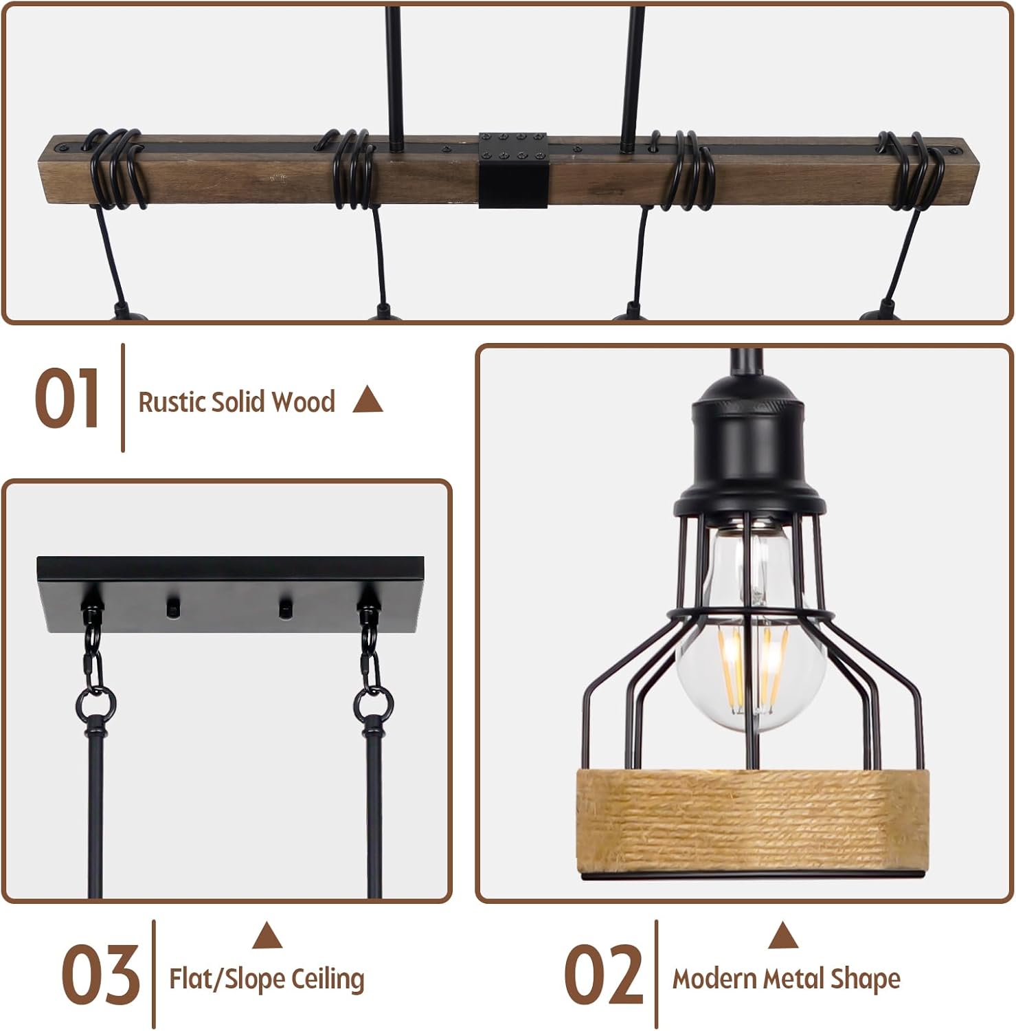 Kitchen Island Lighting Ceiling 4-Light Dining Room Light Fixture Hanging, Rustic Linear Chandelier with Solid Wood Modern Kitchen Pendant Light Over Island Farmhouse Dining Light Metal Lampshade