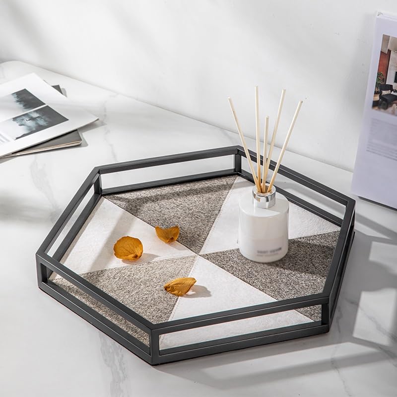 Bandejas Servir Comida Bandeja Hexagonal Ligera de Lujo Crin, Almacenamiento Entrada, Bandeja Escritorio for cosméticos, Adornos Grises y Blancos, Decorativa for joyería Mesa Cama