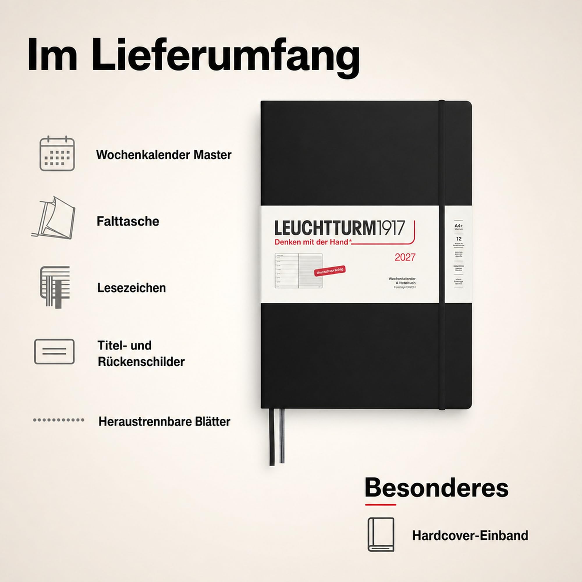 LEUCHTTURM1917 Agenda 2027 A4+ (Master) con cuaderno - Planificador alemán, negro, enero-diciembre 2027, vista semanal a la izquierda + página de notas a la derecha