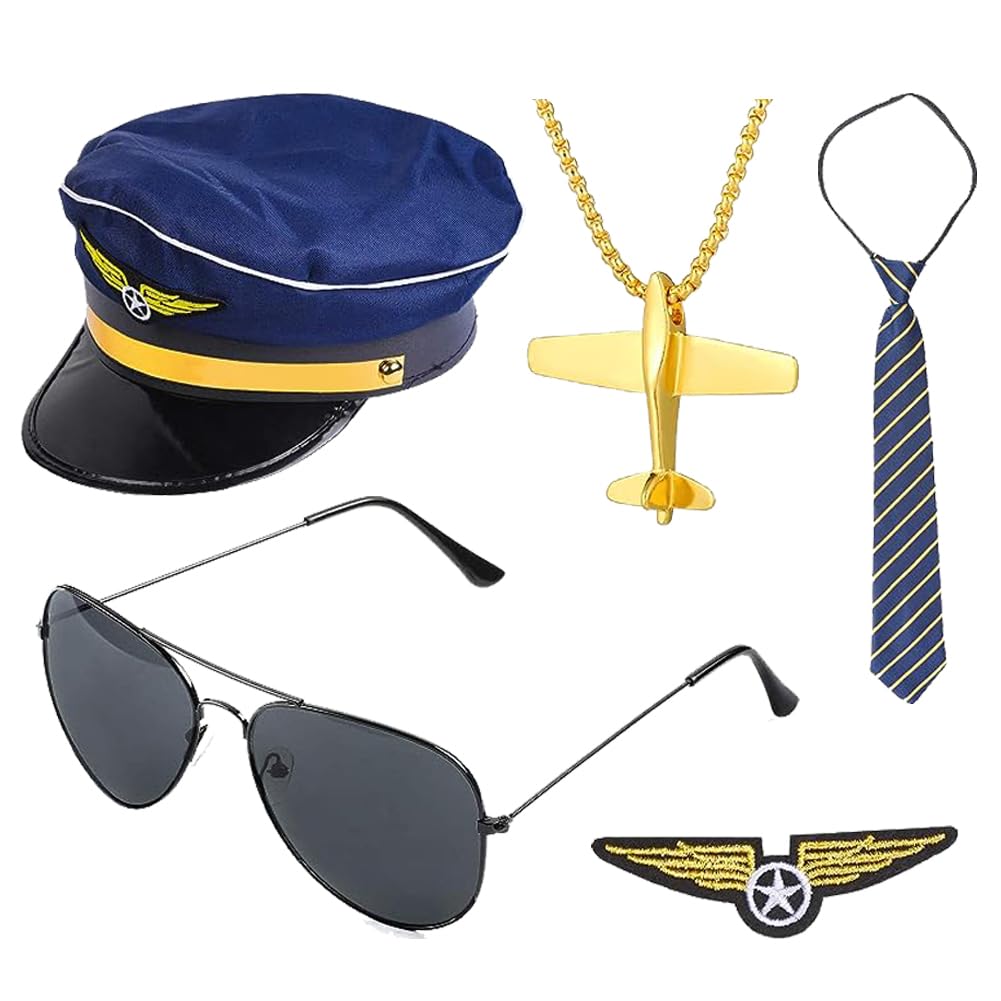 PIUMOJ Pilot Captain Costume Kit for Dress Up - Airline Pilot Accessories Set including Hat, Tie, Badge, Sunglasses, Necklace