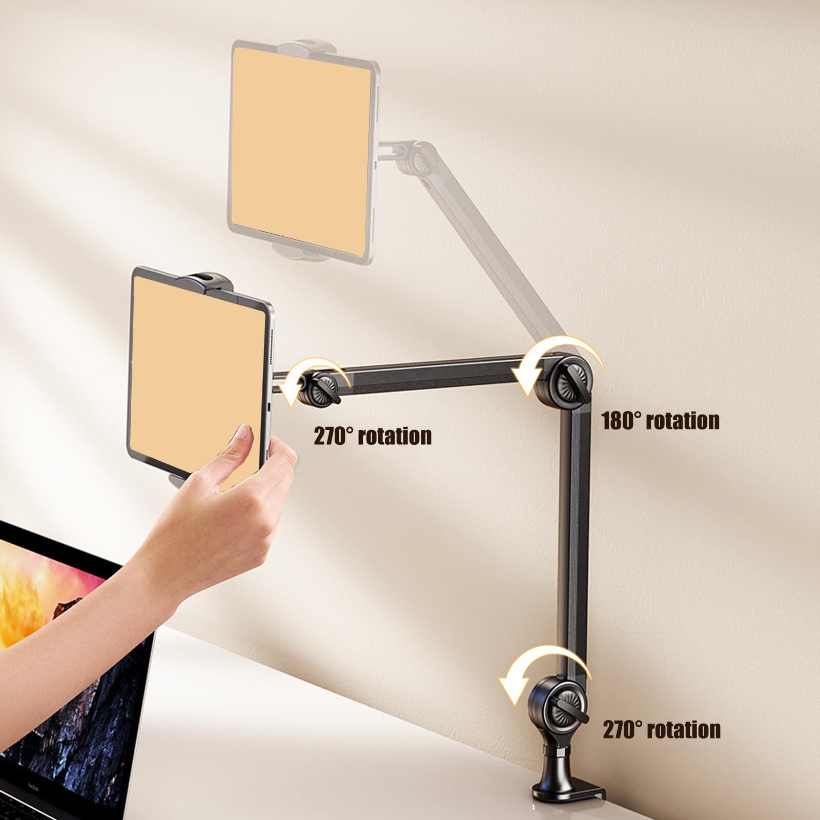 Supporto per tablet con braccio girevole per installazione scrivania, morsetto supporto adatto a telefoni e tablet da 4, 6-13 pollici per ricette cucina, streaming sul comodino, uso domestico