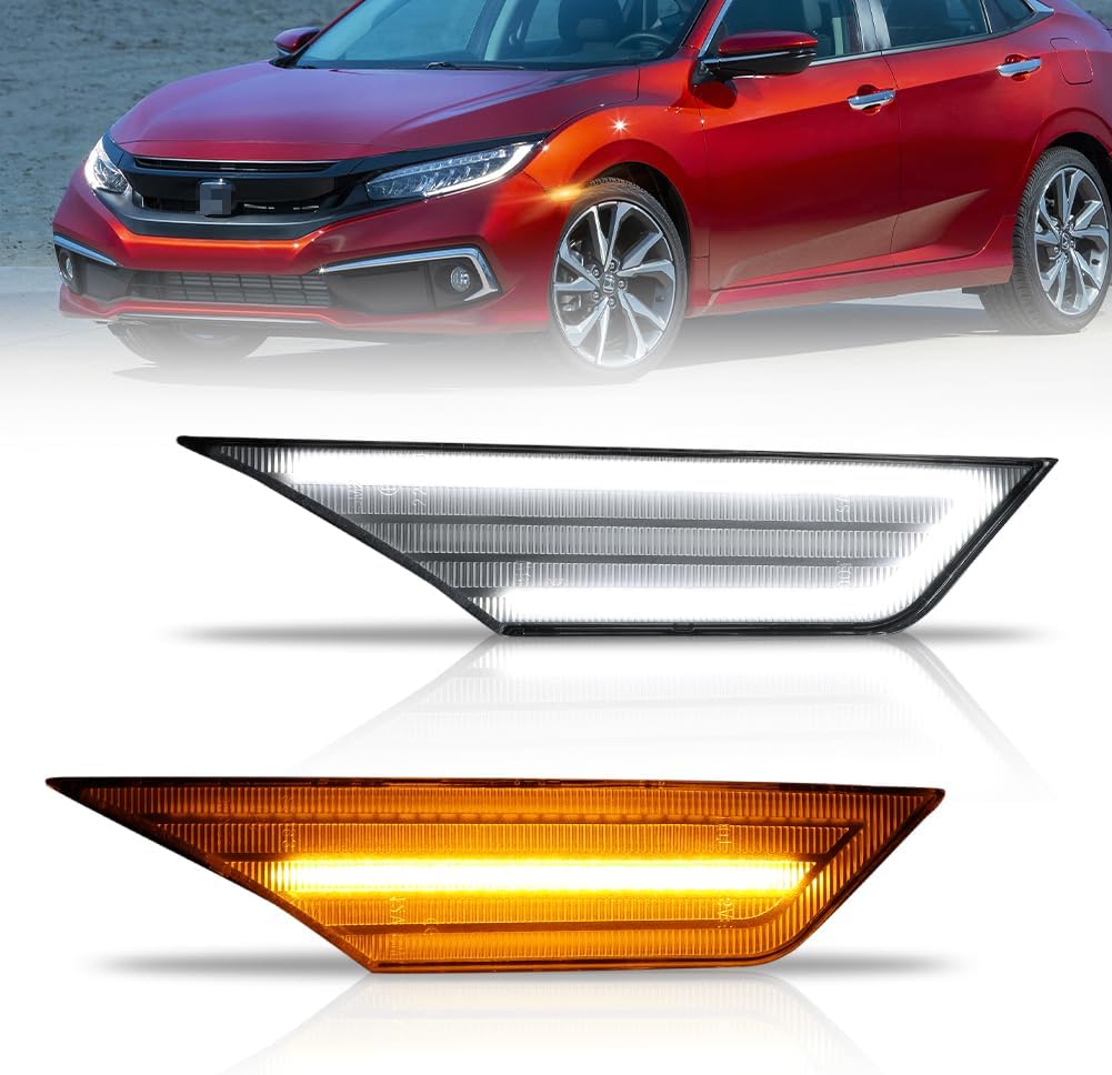 Sequential Switchback Front Side Marker Lights for Hon-da Civic 10 Gen Civic 2016-2021, [Upgraded] Smoked Lens Side Marker Bumper Lamps, Amber Turn Signal & White Daytime Running Lights, 2 PCS