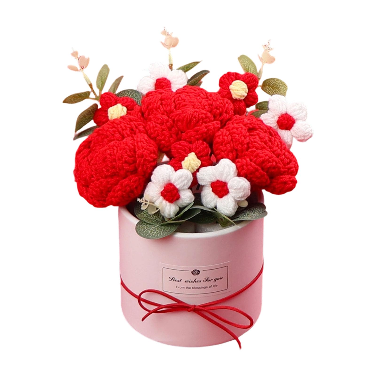 Kaeltsyn Crochet Rose Flower in Container Artificial Knitted Bouquets for Mother Day Teacher Day Valentines Anniversary Woolen Rose