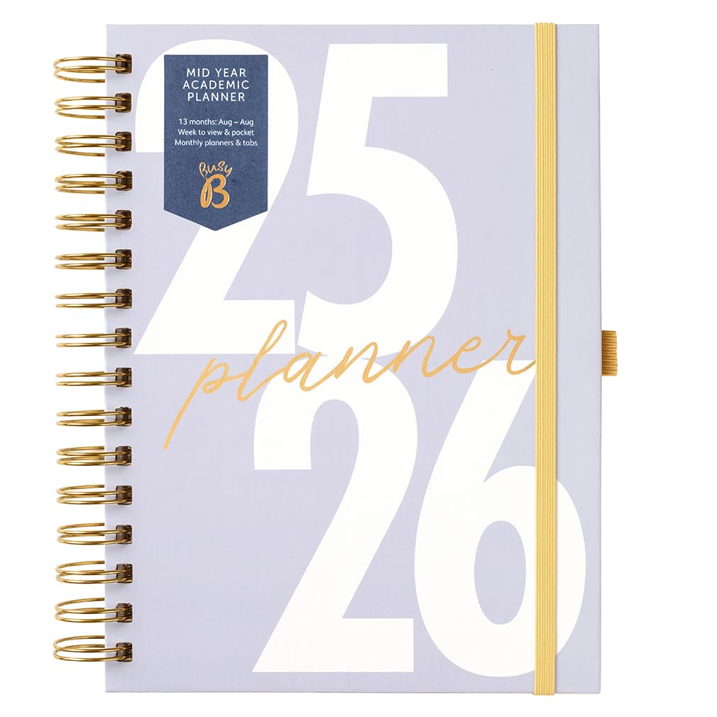Busy B A5 Diary - Mid-Year Academic Planner - Aug 25 - Aug 26 - Lavender Journal - Week to View Academic Planner with Monthly Planners, Storage Pocket, Stickers, Space for Notes, Timetables & Goals