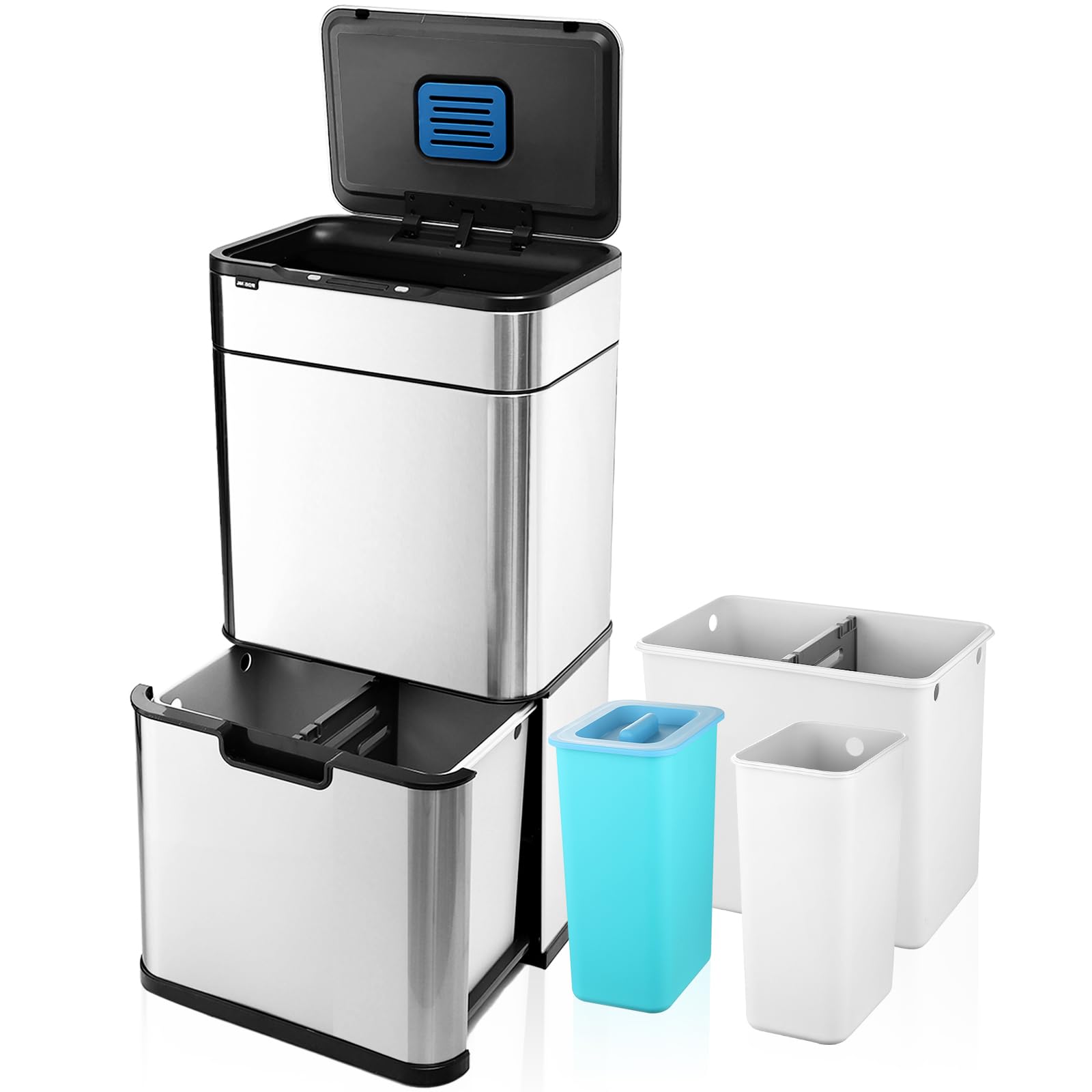 ELPHECO Stainless Steel Kitchen Trash Can, 13 Gallon Motion Sensor Kitchen Garbage Can with 3 Compartment, Automatic Trash Can with Bins