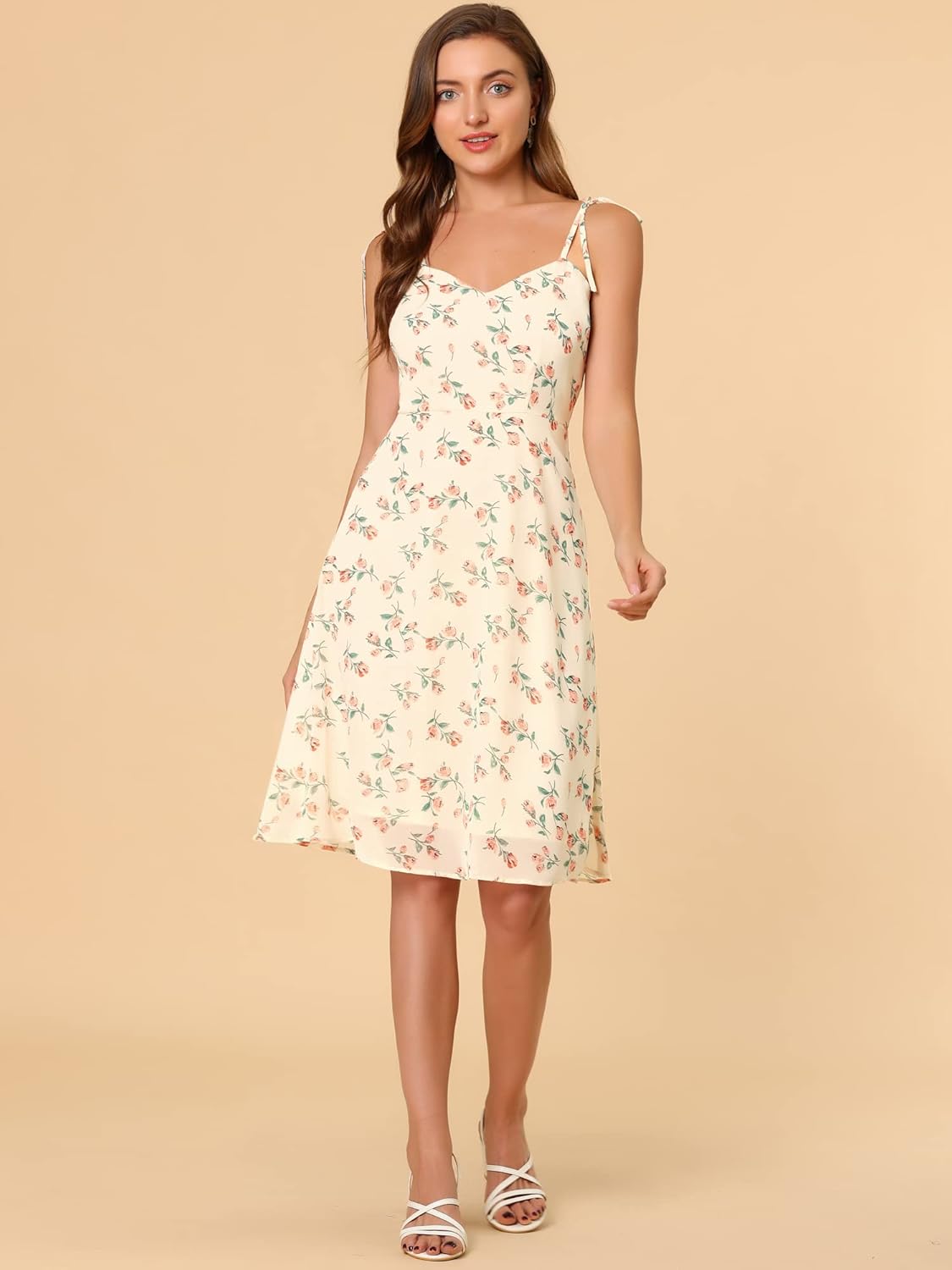 Allegra K Women's Floral Sundress 2025 Easter Tie Shoulder Smocked Spaghetti Strap Dress - Image 4