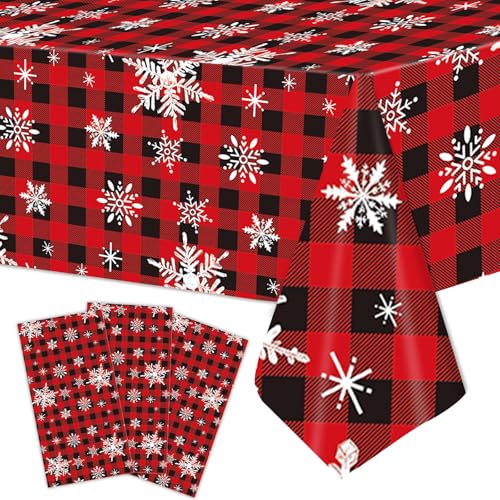 3 Pieces Snowflake Tablecloth Disposable Table Cover - 54"x108" Red and Black Check Table Cloth with Winter Snowflake for Christmas Party Supplies, Seasonal Family Gatherings, and Winter Decorations