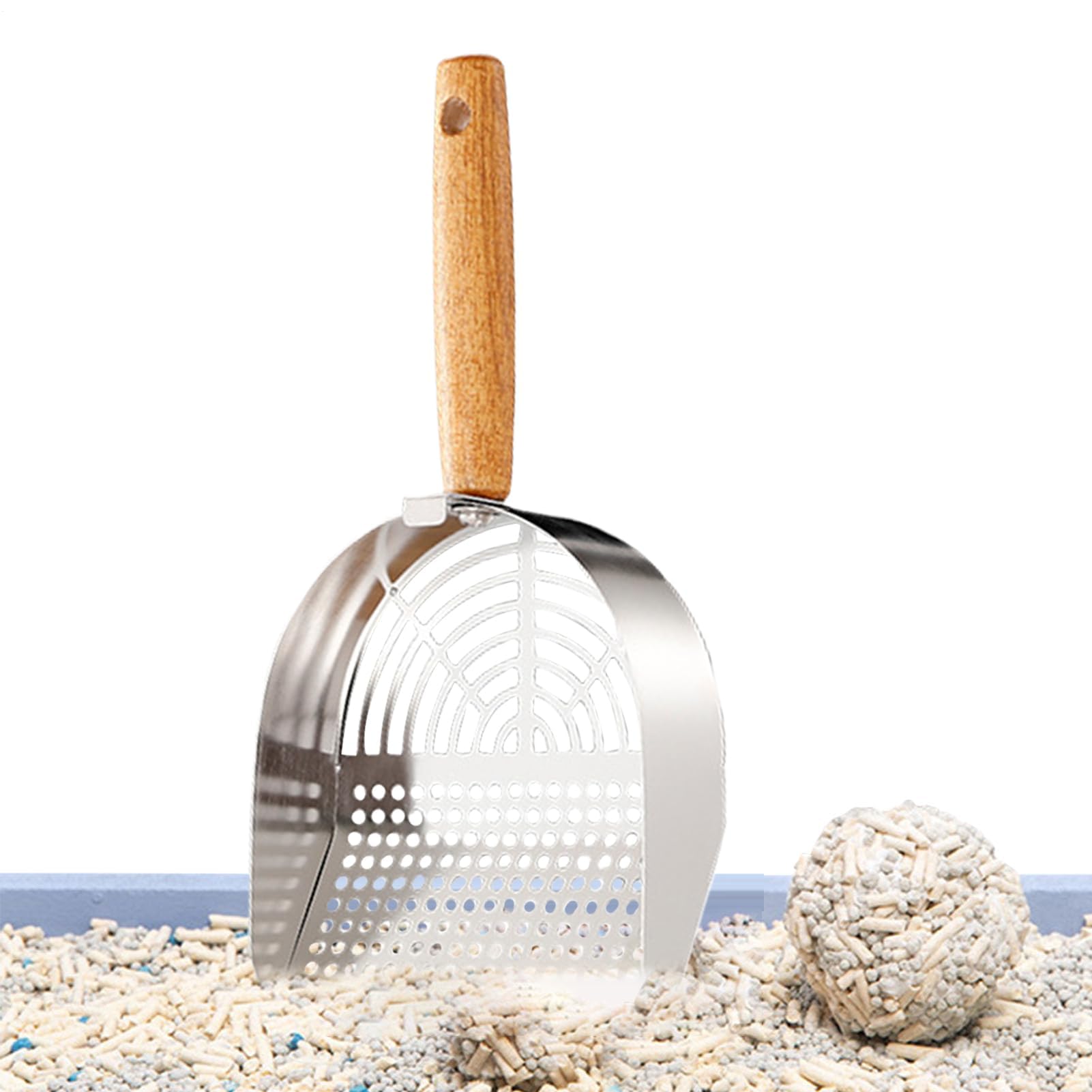 Paletta per lettiera, Accessorio ergonomico for Animali Domestici in Acciaio Inossidabile con Manico Lungo for casa, Viaggi e Interni(Stainless Steel Round Hole Style)