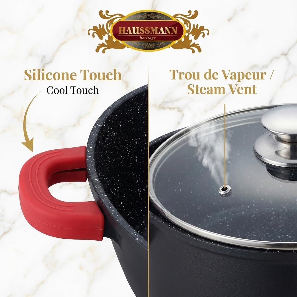 Haussmann Héritage Sauteuse Façon Pierre avec Couvercle Verre – Fonte d'Aluminium Induction & Four (260°C) – Poignées Silicone Isolantes – Grande Capacité pour Cuisine Familiale (40cm/9cm/10L)