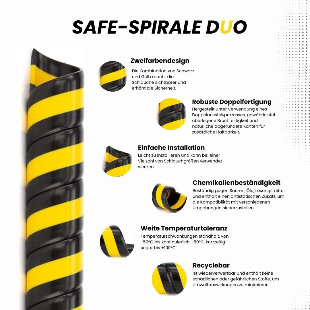 DUO spiralna osłona do węży hydraulicznych Ø 25 mm – ochrona węży hydraulicznych i kabli, odporna na promieniowanie UV, ścieranie oraz elastyczna spirala kablowa, czarno-żółta, długość 6 m