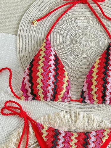 Image of ZAFUL 2 Piece Triangle Bikini for Women Knitted Rope Halter Bikini Sets Sexy Bathing Suit Side Tie Swimsuits Beachwear