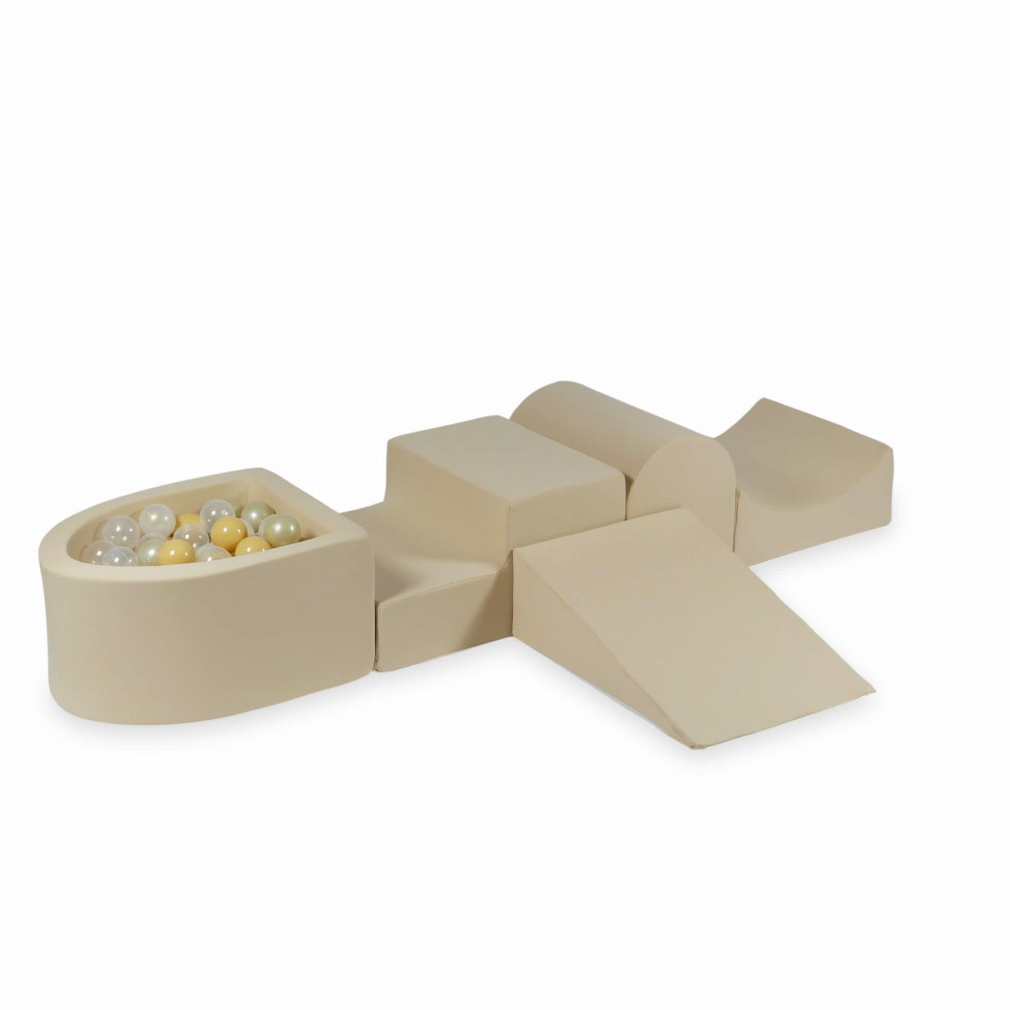 Mimii Parco giochi in schiuma con piscina di palline e collina beige (100 palline: trasparente/opale/oro chiaro/beige), grandi mattoncini da costruzione per gattonare e arrampicare, morbidi mattoncini