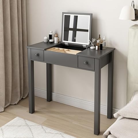 Thirtdos Vanity Table with LED Lights, Makeup Dressing Table with Flip-Top Mirror and 2 Drawers, Work Study Writing Table, Jewelry Storage for Women Dressing (Grey) Cover