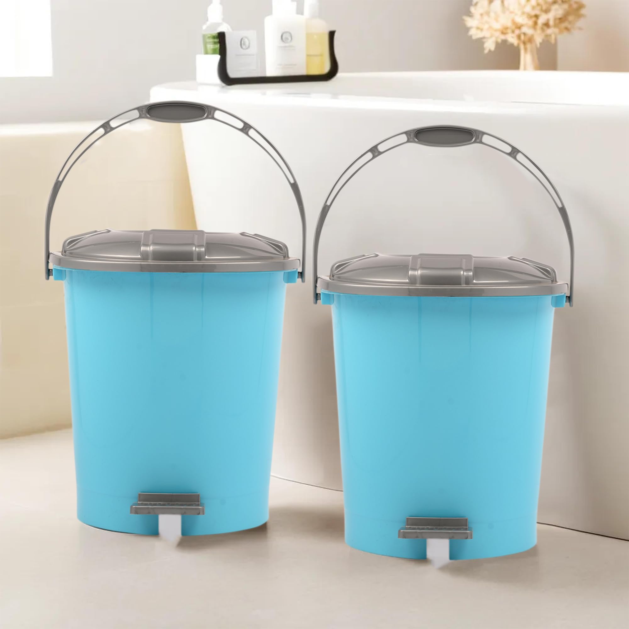 Kuber Industries Pack of 2 Pedal Dustbin | 10 Liter | Bathroom Dustbin with Lid | Garbage Bin with Handle | Dustbin for Kitchen | Wet & Dry Waste Bin | Grey Check Dhakan Trash Can | Sky Blue (B0D3F2KPDD) Amazon Price History, Amazon Price Tracker
