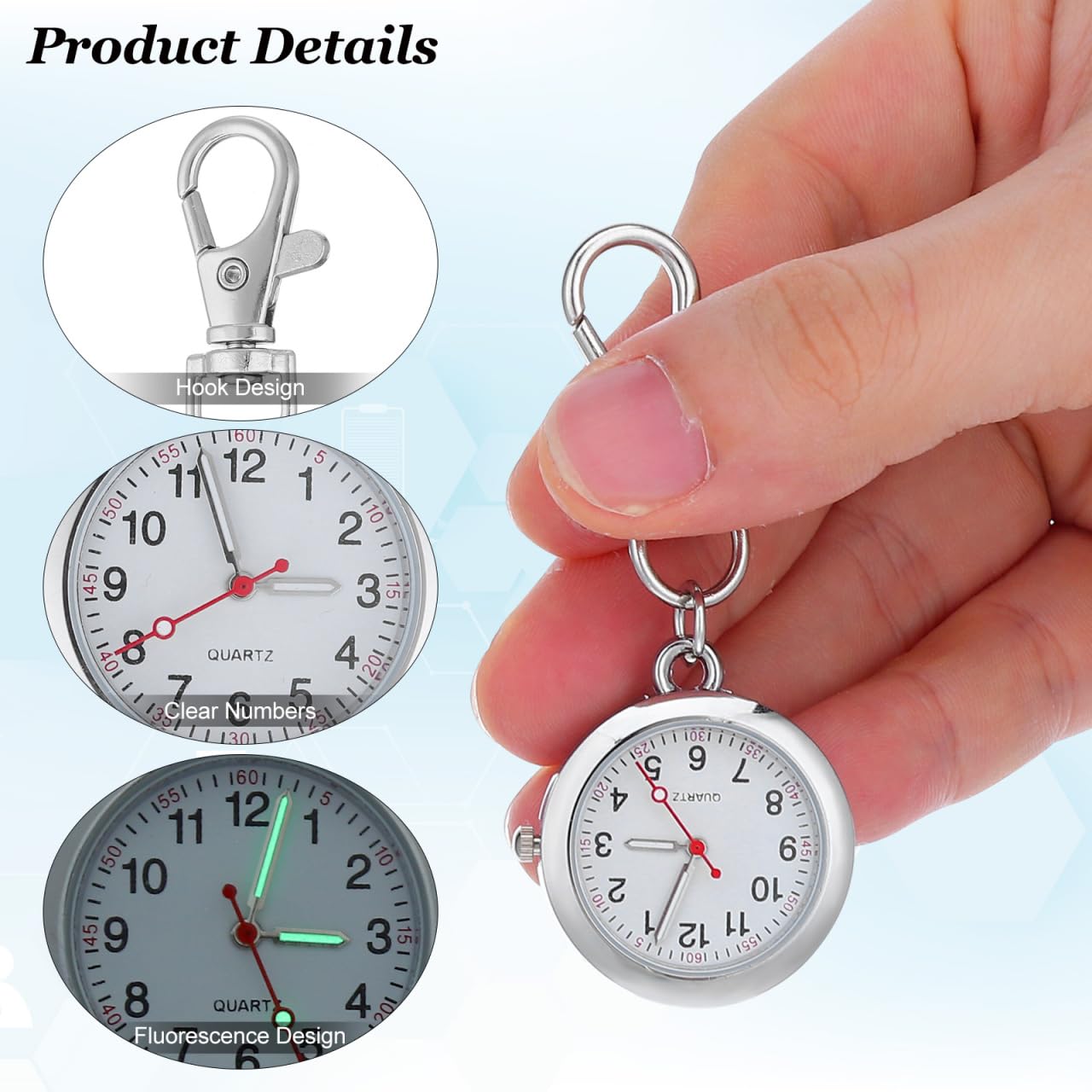 ULTECHNOVO Reloj De Enfermera De Bolsillo con Clip Reloj Colgante De Metal con Segundero para Enfermería Diseño Simple Y Elegante Tamaño Compacto 2.83X1.18X0.31In Accesorio Médico Práctico