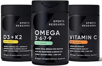 Sports Research® Essentials Pack - Omega 3-6-7-9 + Vitamin D3 K2 5000iu + Vitamin C 1000mg