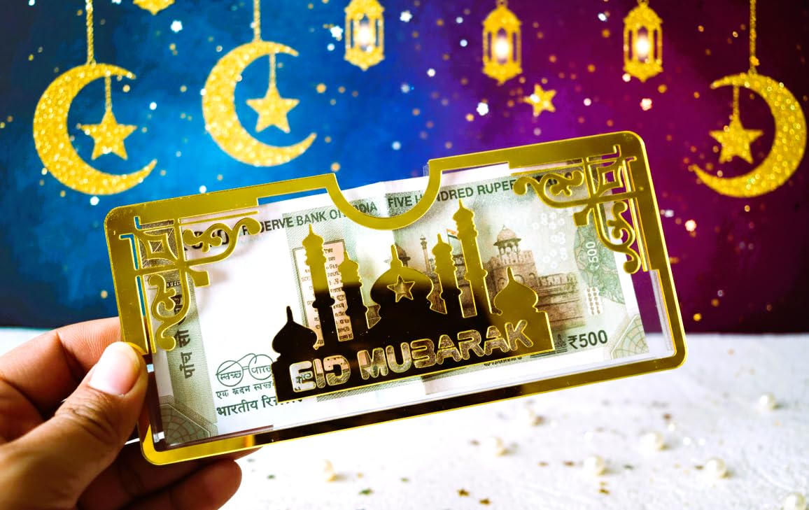 Eidi Envelope, Eid Money Holder with Golden Design, Decorative Acrylic Box for Eid Celebration Eidi Money Box Ramzan Eid Mubarak (1)