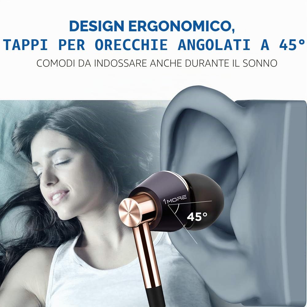 1MORE Triple Driver Auricolari In-Ear Cuffie con Alta Risoluzione, Bassi Profondi Stereo Universale, MEMS Microfono, In-Line Remoto Controllo per iPhone/Android/PC/Tablet –Oro