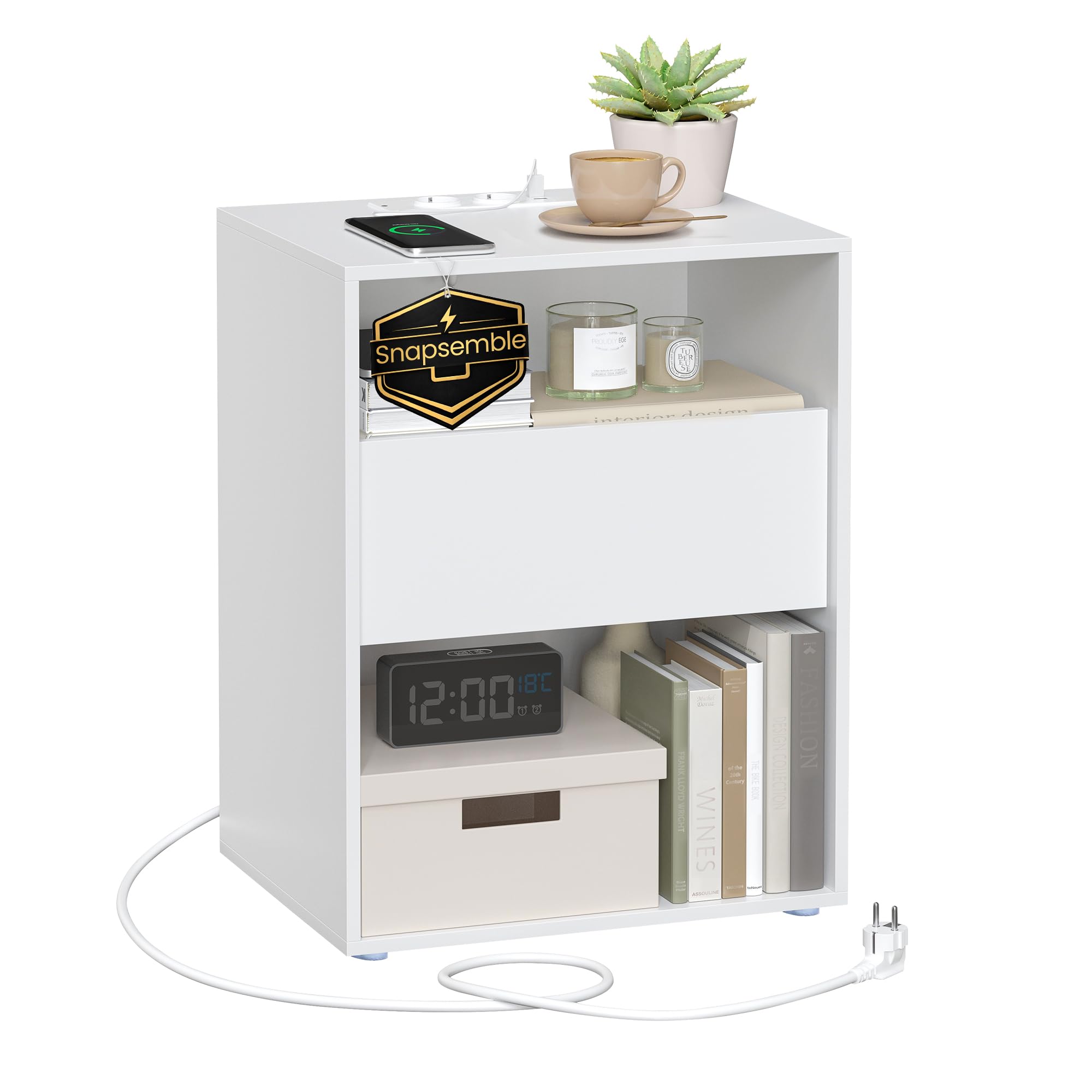 VASAGLE Comodino, Snapsemble Montaggio Rapido, Tavolino con Stazione di Ricarica, Moderno, Cassetto, per Camera da Letto e Soggiorno, Bianco Opaco LET777W04