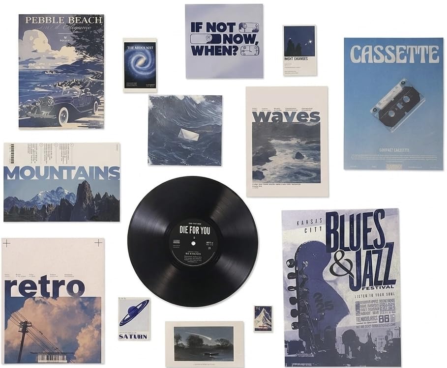 Image of 13 Piece Blue Aesthetic Poster Set | 300 GSM Multi-Sized Wall Posters with Adhesive Tape | Retro Music, Ocean & Vintage Art Prints for Bedroom, Room Decor, Home Decor, Living Room & Wall Art