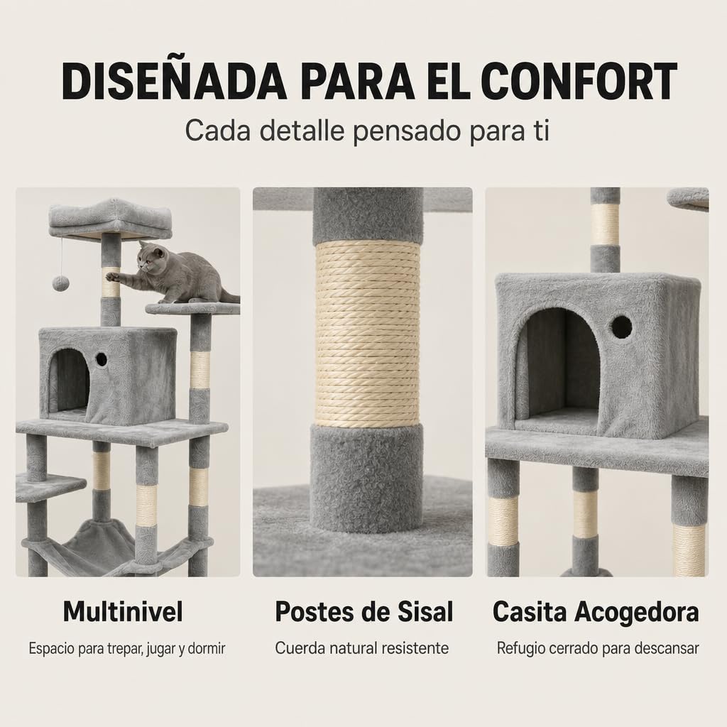 Árbol Rascador Gatos – Torre 4 Niveles con Caseta, Hamaca Cuna, Escalera, Postes Sisal, Juguetes Colgantes, Base 50×35cm, para Gatos Adultos (Gris, 140 cm)