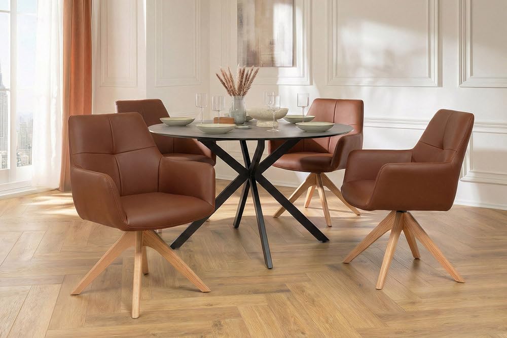 Riess Ambiente Drehbarer Design Stuhl ALMARA - braun - Stuhl mit Echtleder Bezug, Eiche - 360° drehbar, Auto-Return