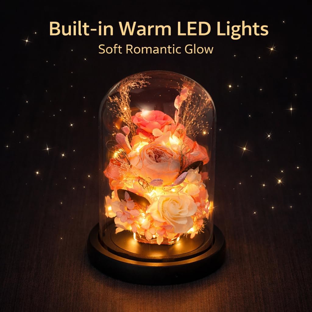 Preserved Rose in Glass Dome with LED Light, Handmade Forever Flowers Gift for Women, Romantic Gift for Birthday, Anniversary, Valentine’s Day, Gift Box Included