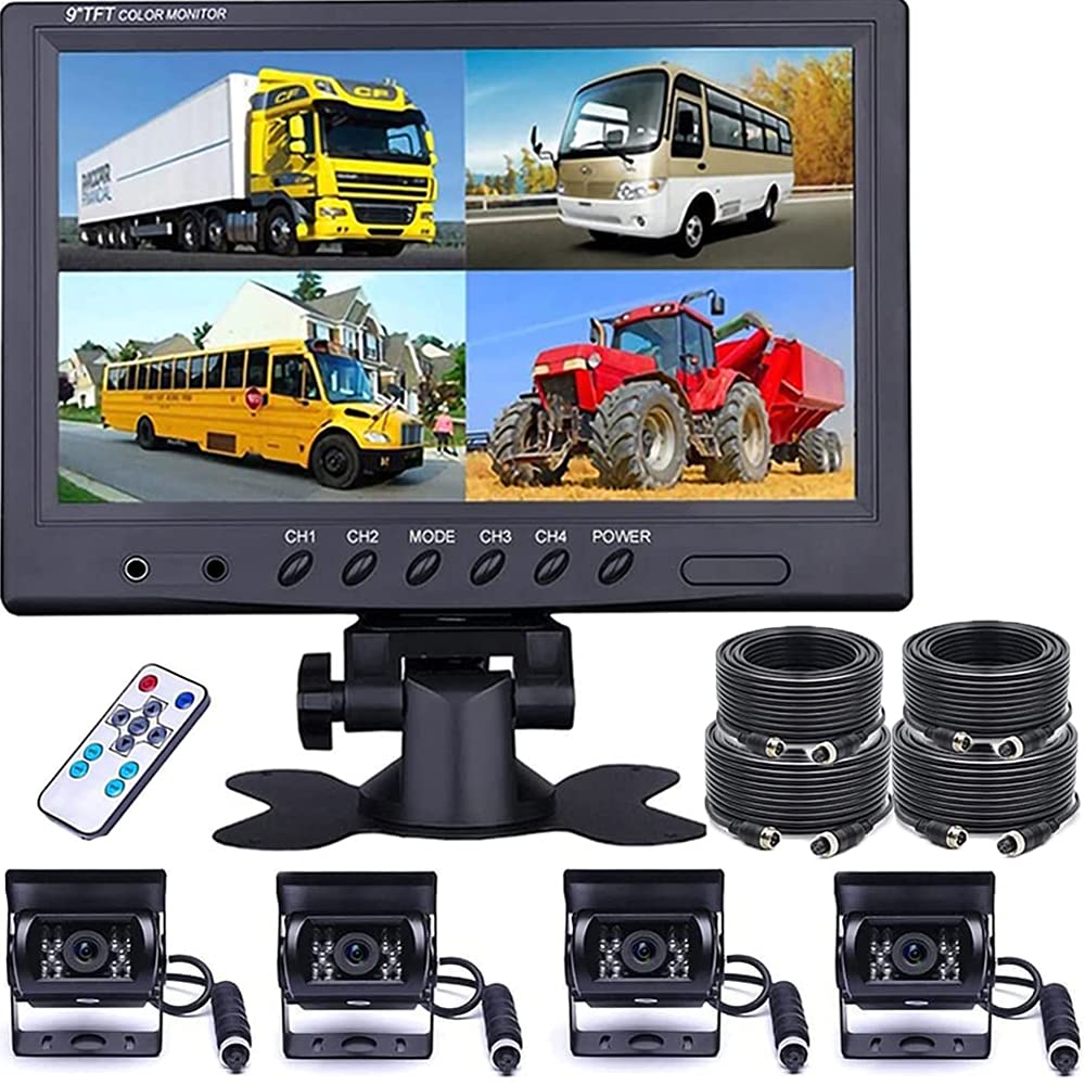 Camecho Vehicle Backup Camera 9 Inch 4Split Monitor Front View, Rear