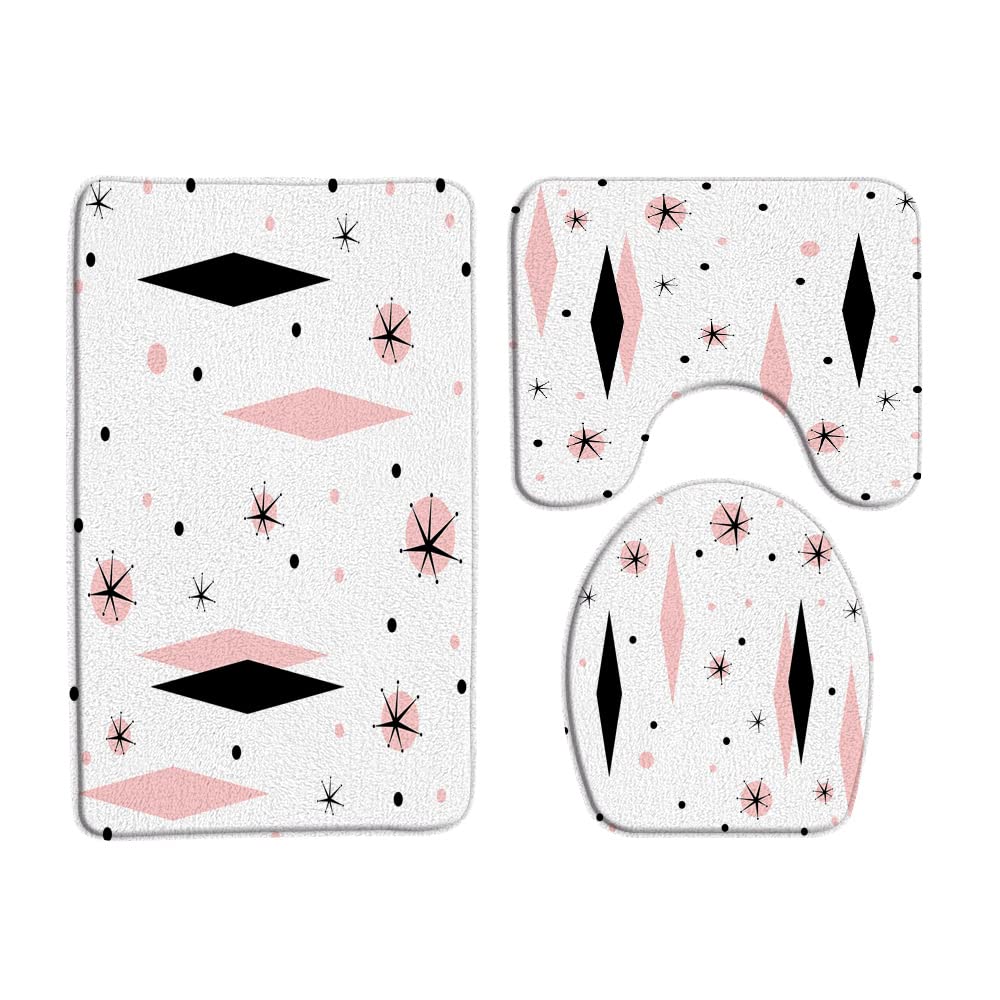 GCTNBJL 3 Piece Mid Century Modern Bath Mat Sets Starbursts ​Atomic ​Abstract Pink Black Geometric Iconic Retro 1950s 1960s Bathroom Doormat Rugs,