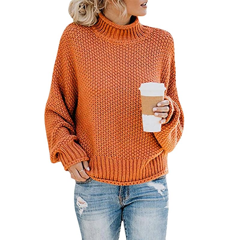 Women Chunky Knit Mock Neck Sweaters Batwing Sleeve Loose Fit Winter Heavyweight Thick Yarn Pullover Sweater