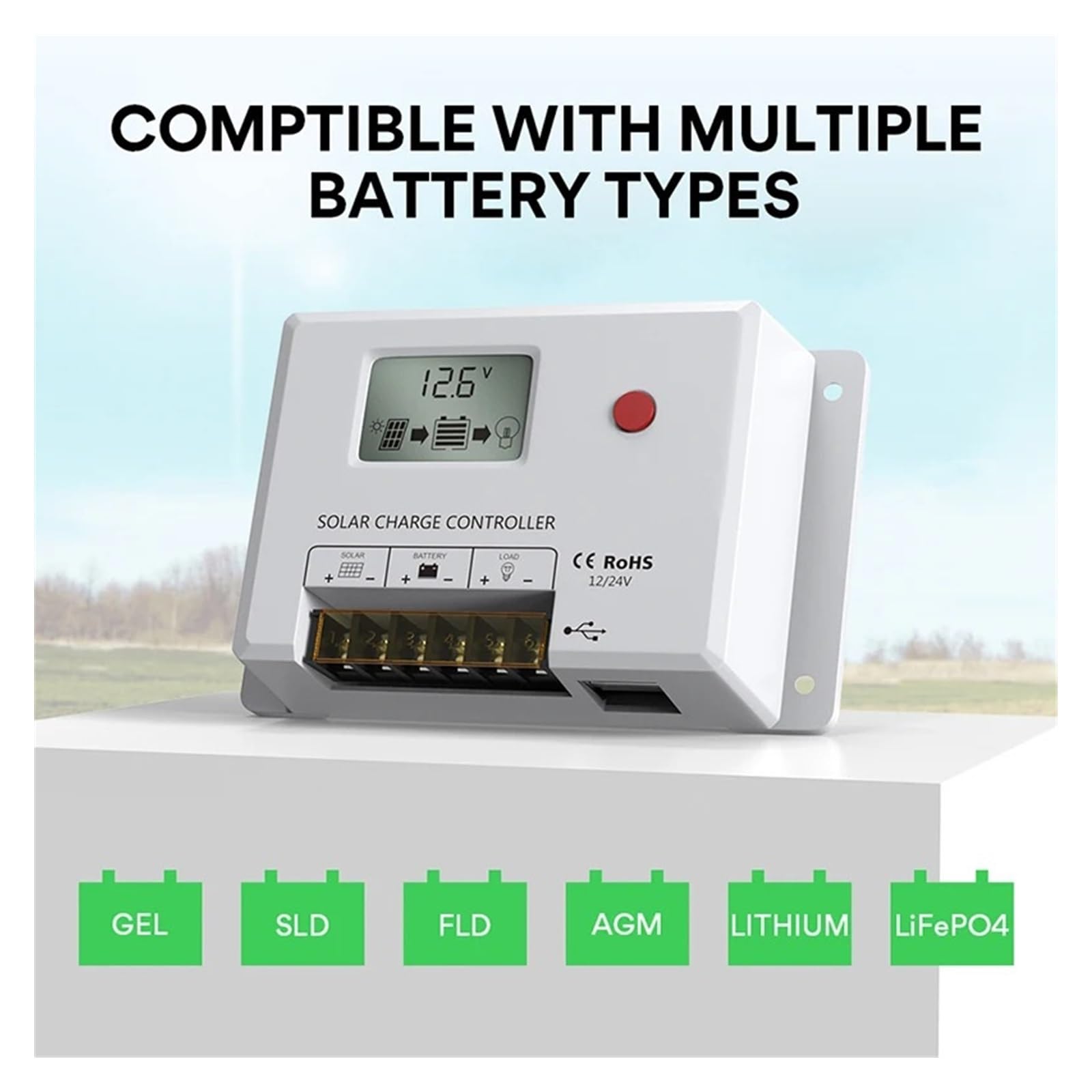 controlador de carga solar, 10A 24V Controlador de carga solar PWM inteligente