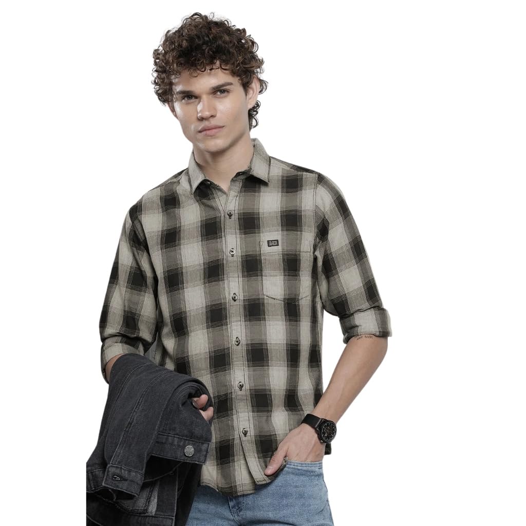 The Indian Garage Co Men’s Cotton Slim Fit Checkered Full Sleeves Spread Collar Casual Shirt