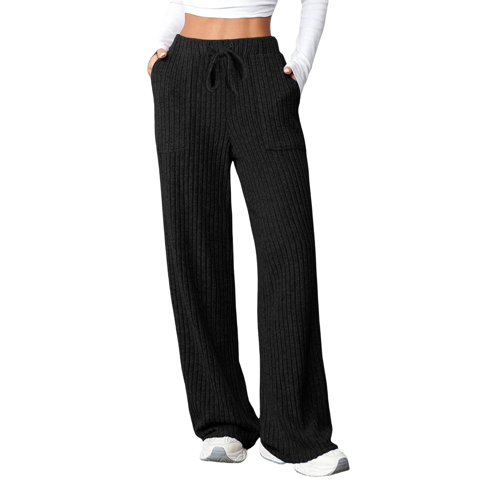 Womens Ribbed Knit Pants Casual Wide Leg Elastic High Waist Palazzo Pants Comfy Drawstring Trousers with Pockets