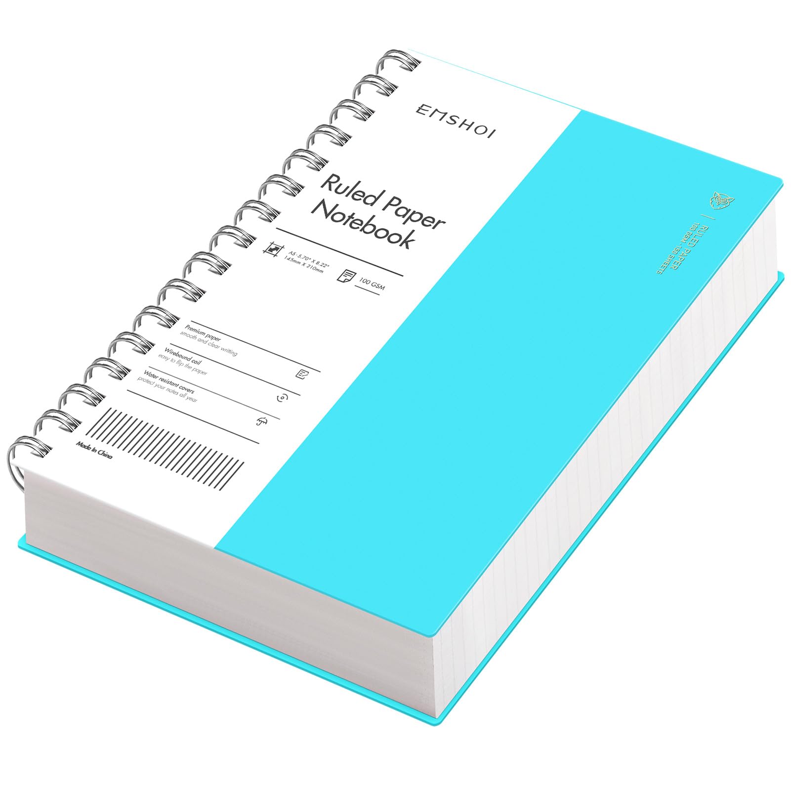 EMSHOI A5 Notebook Lined, Spiral Journal, 300 Pages, PVC Cover, Sky Blue