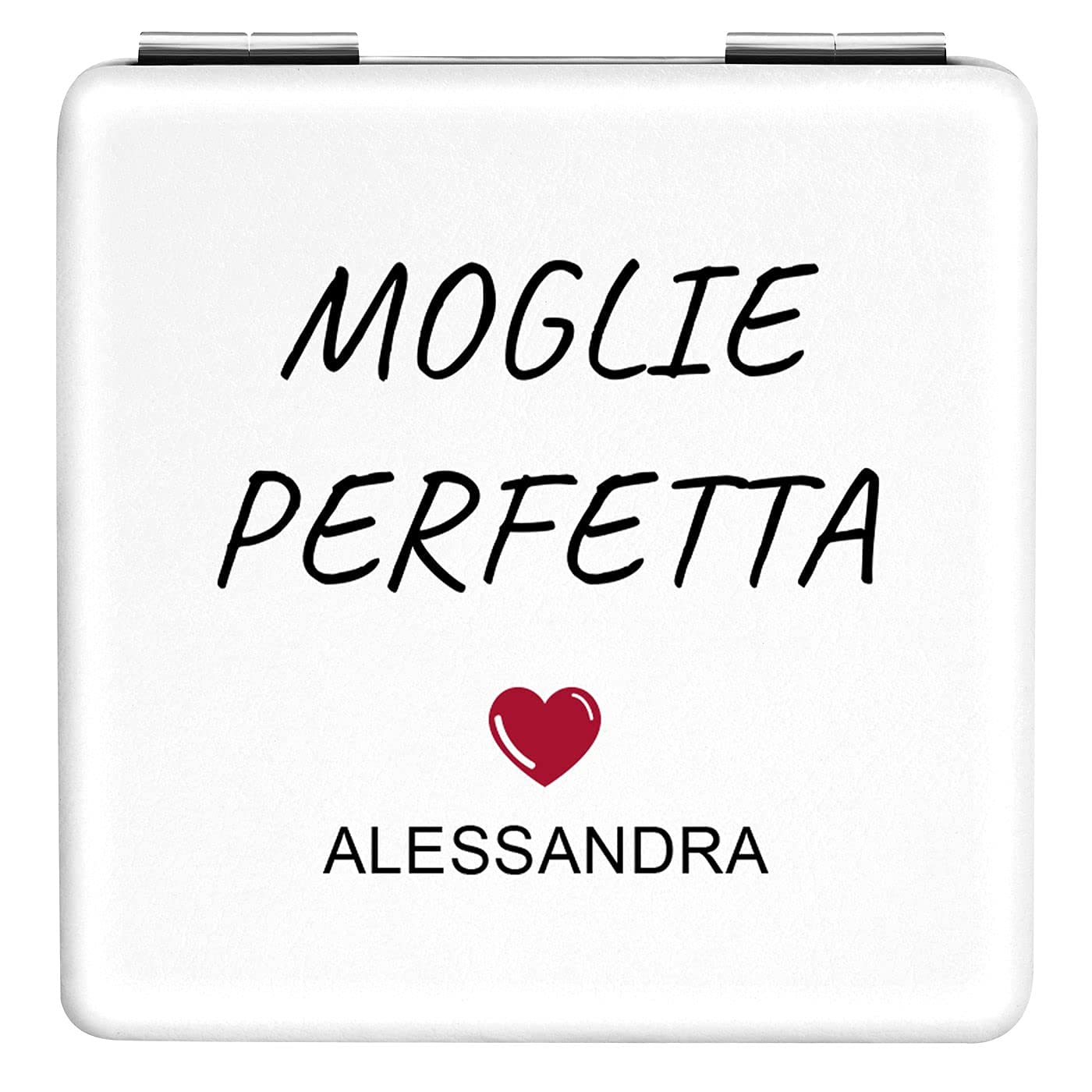 Maverton Specchio Quadrato Bianco da Borsetta - Personalizzazione Stampata a Colori - Specchio Trucco - 2 in 1 - Ingrandimento + Normale - regalo donna compleanno - Cuoricino