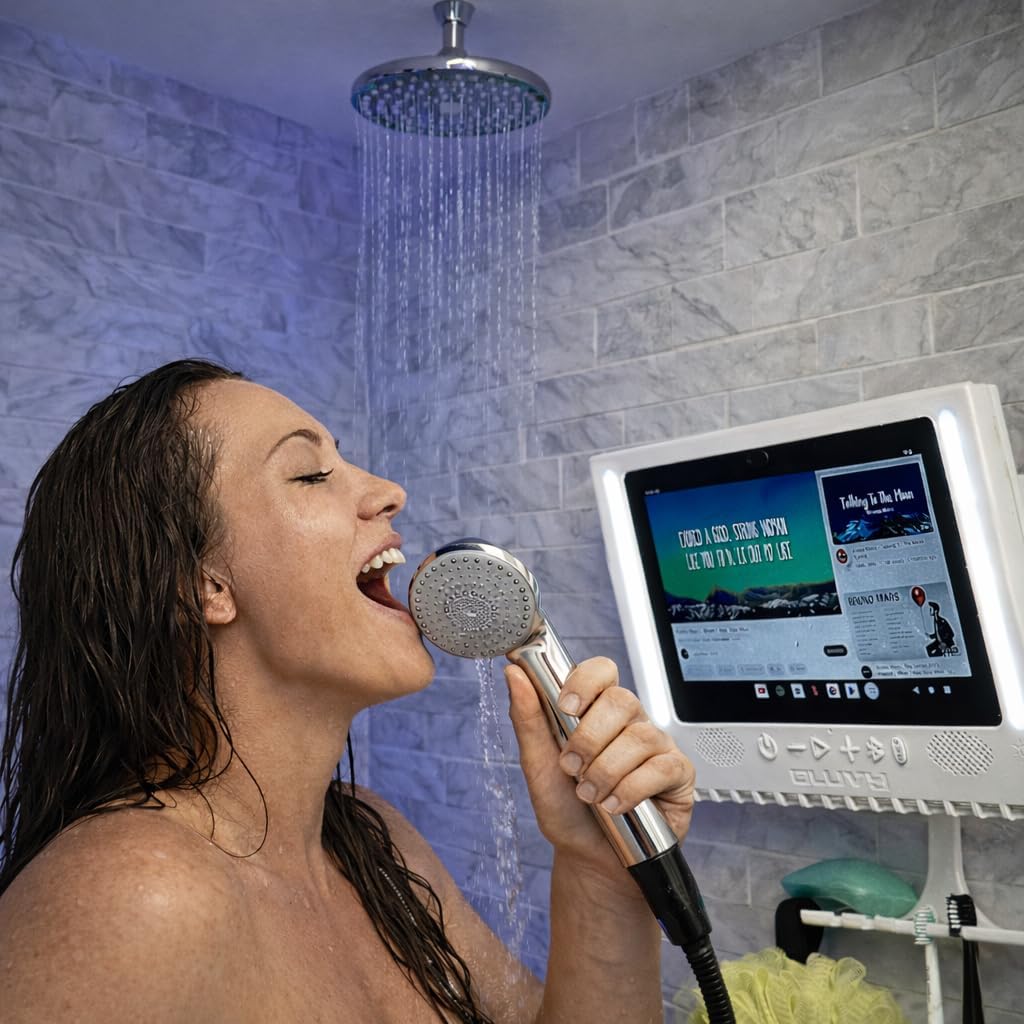 BLUVY Shower Mirror - Smart Fogless Shower Mirror,with LED Lights, Bluetooth Speakers, Tablet Functionality Mirror is More Than just a Mirror – It's a Game-Changer for Your Shower Experience!