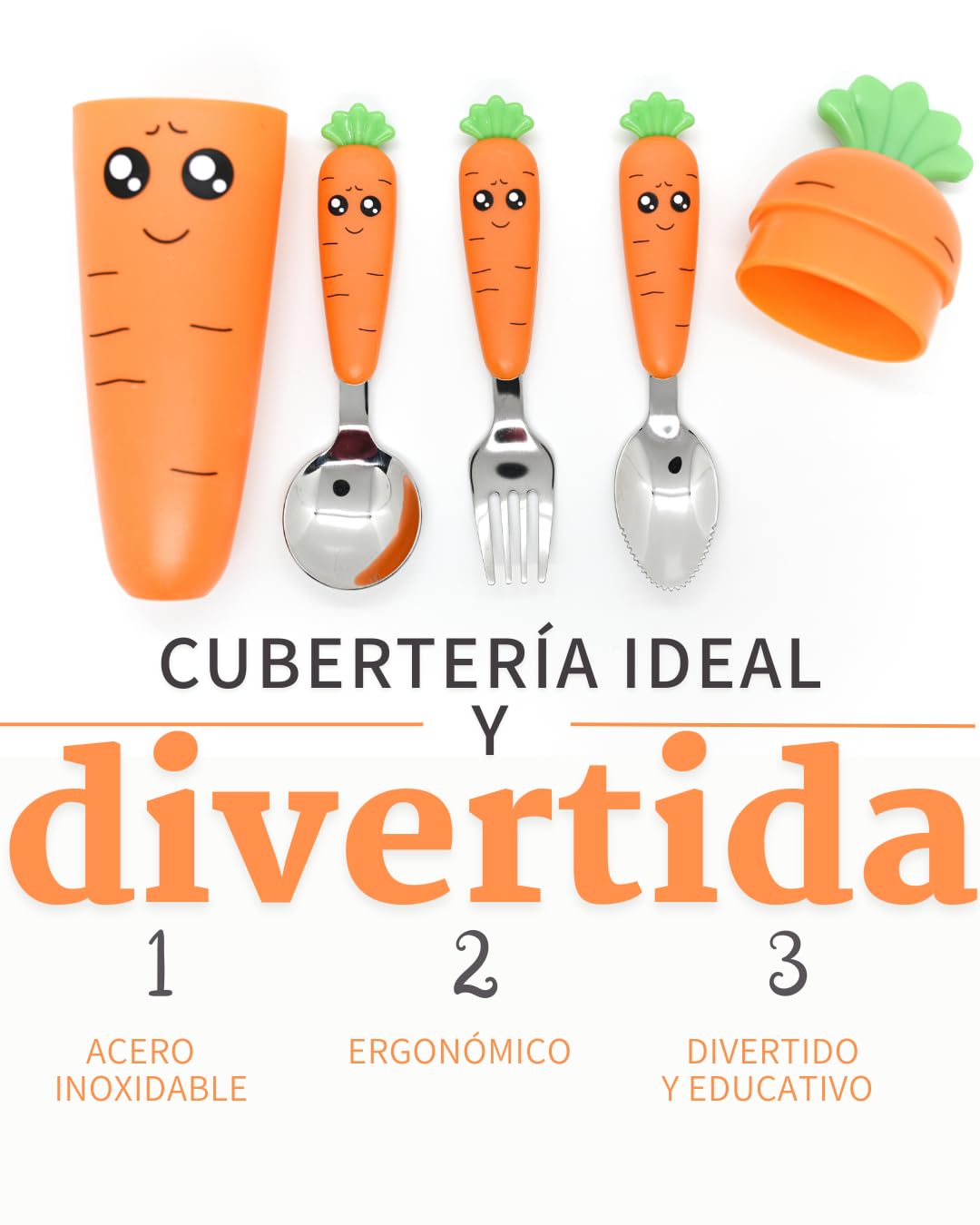 Cubertería infantil Zanahoria para niños y niñas, Llamativa para despertar su creatividad, Hogar y Colegios, Acero inoxidable, Cuchara y Tenedor