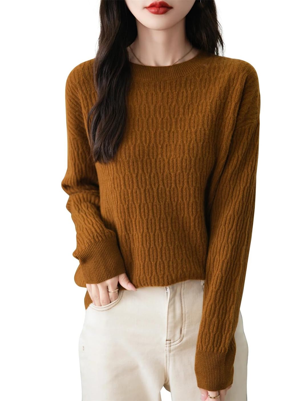 Damski sweter z mieszanki wełny z okrągłym dekoltem sweter z długim rękawem sweter ciepły dzianinowy solidny sweter, BEŻOWY, M