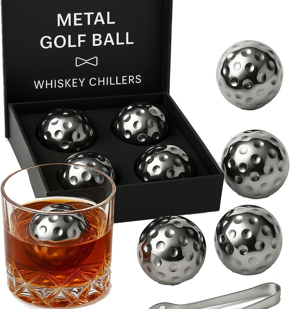 Golf Ball Whiskey Chillers, 5 Set, Stainless Steel Whiskey Stones, Rocks, Great for Parties or for Bar Use, 4 Balls Stone Rock Cubes for Whiskey, Bourbon Vodka, Scotch, Metal Gift - Gifts for Golfers