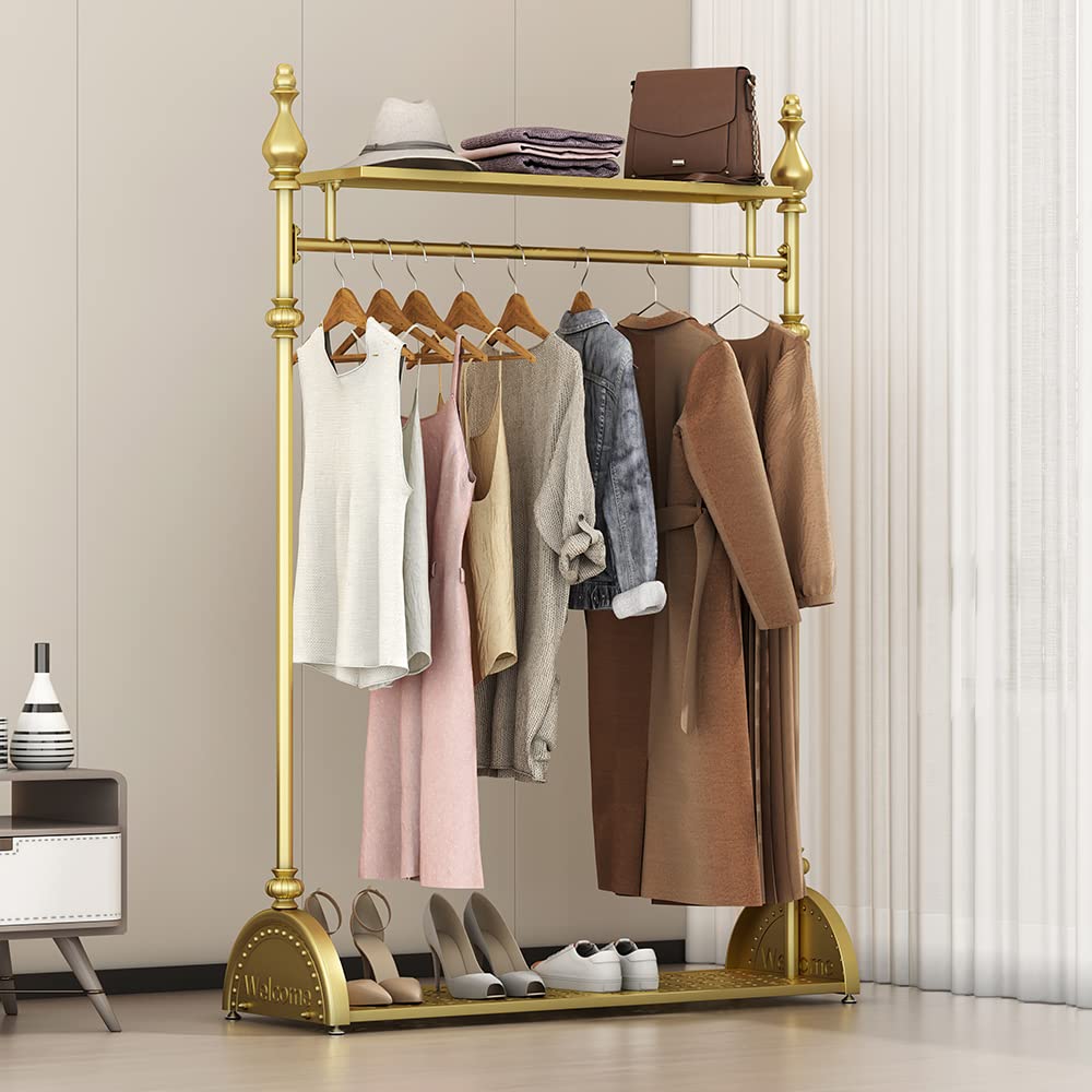 Clothing Rack Gold, Industrial Clothes Rack for hanging Clothes with Double Shelves Freestanding Multi-functional Heavy Duty Garment Rack, Metal Movable Coat Rack for Organizing Clothes Shoes (59'' L)