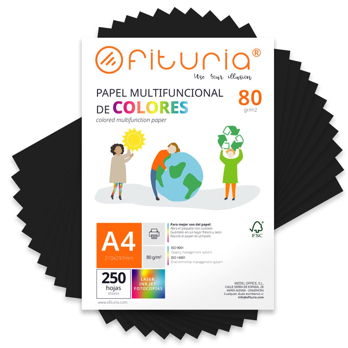 Coloured Sheets, Pack of 250 Sheets A4 80 g – Coloured Paper for Crafts, Printer, Scrapbooking – Folios Colours – Ideal Origami, Papiroflexia, Office and School (Black, 250h)