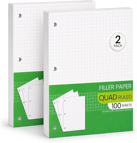 Graph Paper, Filler Paper Loose leaf Graph Paper - 8” x 10.5" - Graph Ruled, 4x4 Quad Ruled Notebook Paper, 3 Hole Punched Loose leaf Papers for 3 Ring Binders - 100 Sheets per Pack (2 Pack)