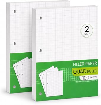 Graph Paper, Filler Paper Loose leaf Graph Paper - 8 x 10.5" - Graph Ruled, 4x4 Quad Ruled Notebook Paper, 3 Hole Punched Loose leaf Papers for 3 Ring Binders - 100 Sheets per Pack 2 Pack