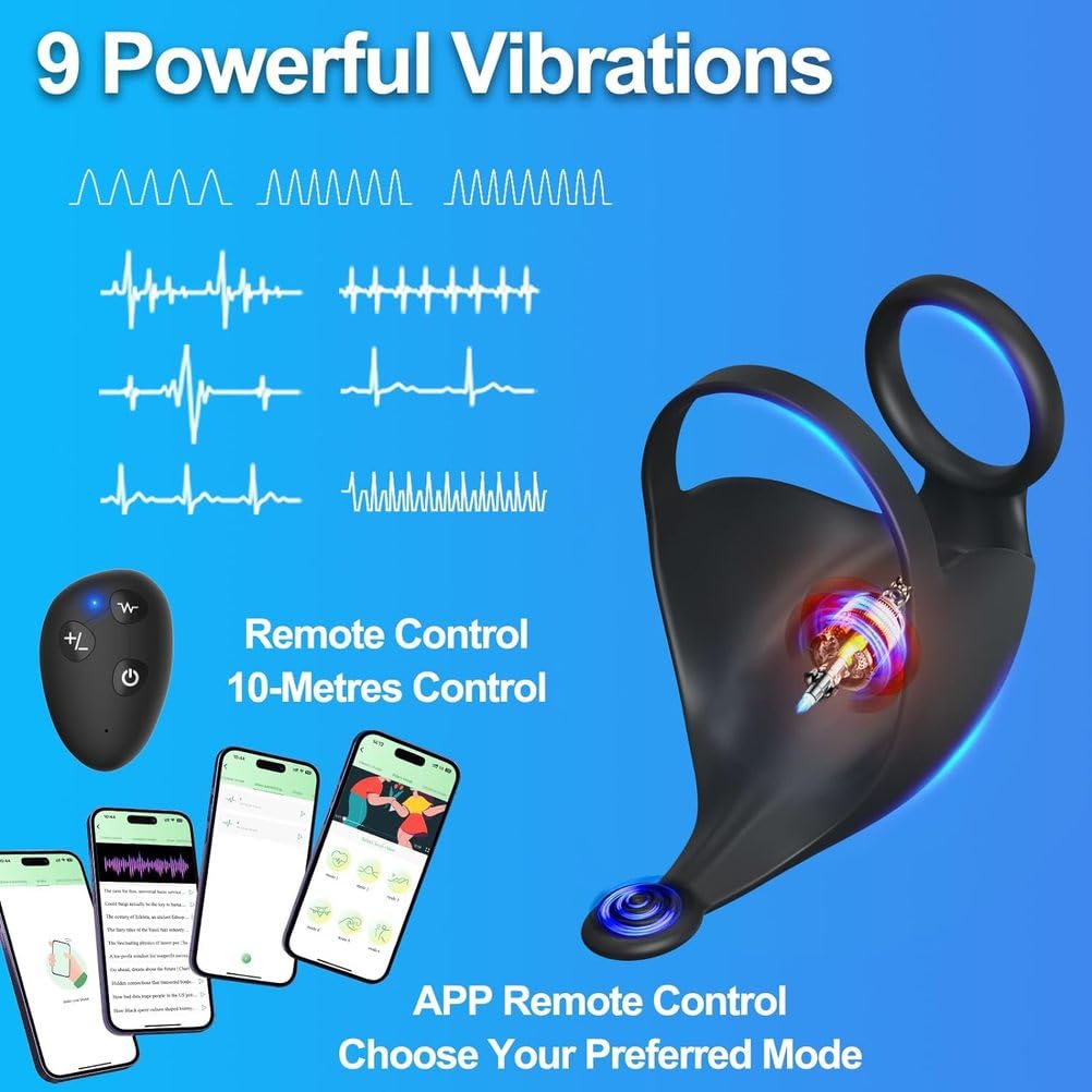 Generico Anelli Per Pene 3 in 1 Per Vibratori Maschili, Vibratore Stimolatore Per Testicoli Perineo Con 9 Forti Vibrazioni, APP E Telecomando Giocattoli Sessuali Per Adulti E Gioco Stroker