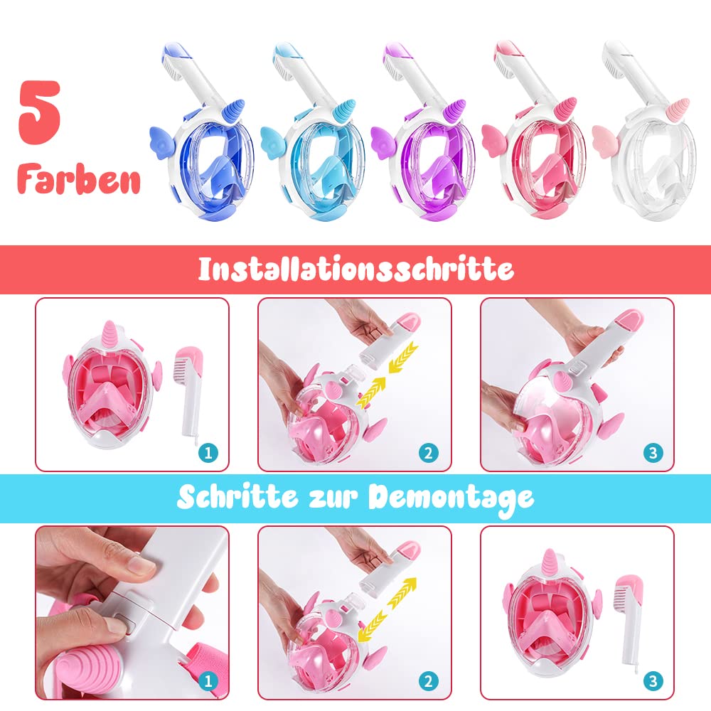 Máscara de esnórquel de unicornio para niños de 4 a 12 años, 180° HD, antivaho y antifugas, gafas de buceo para niños con esnórquel, máscara de esnorquel segura de CO2 (morado)