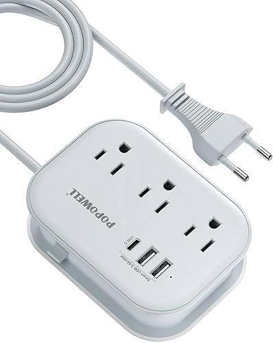 Adaptador de enchufe de viaje europeo USB C, adaptador de enchufe europeo popowell Internacional, regleta de alimentación de viaje de 4 pies con 3