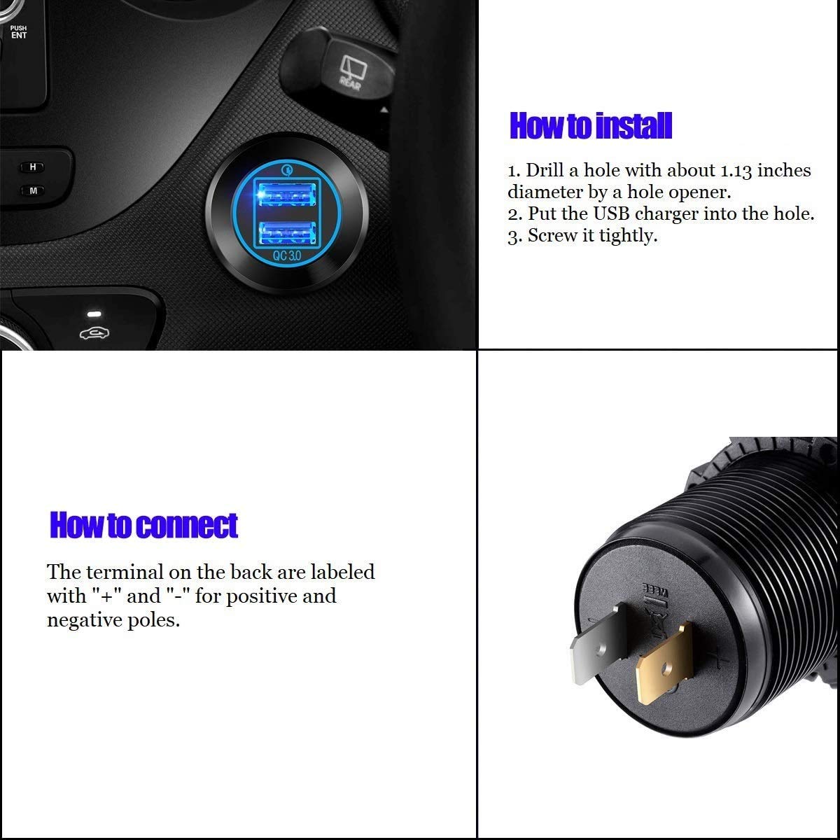 3 Prese Accendisigari USB 3.0 Per Auto E Moto | 36W, 2 Porte, Impermeabile, Con Fusibile 10A, 12V-24V - 4